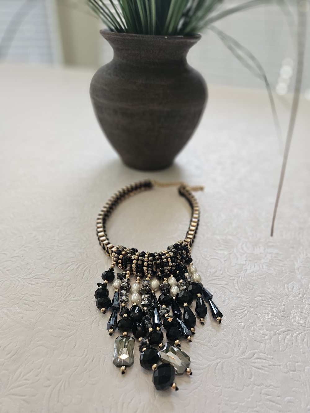 Elegant Black Gold Silver Beaded Statement Necklace
